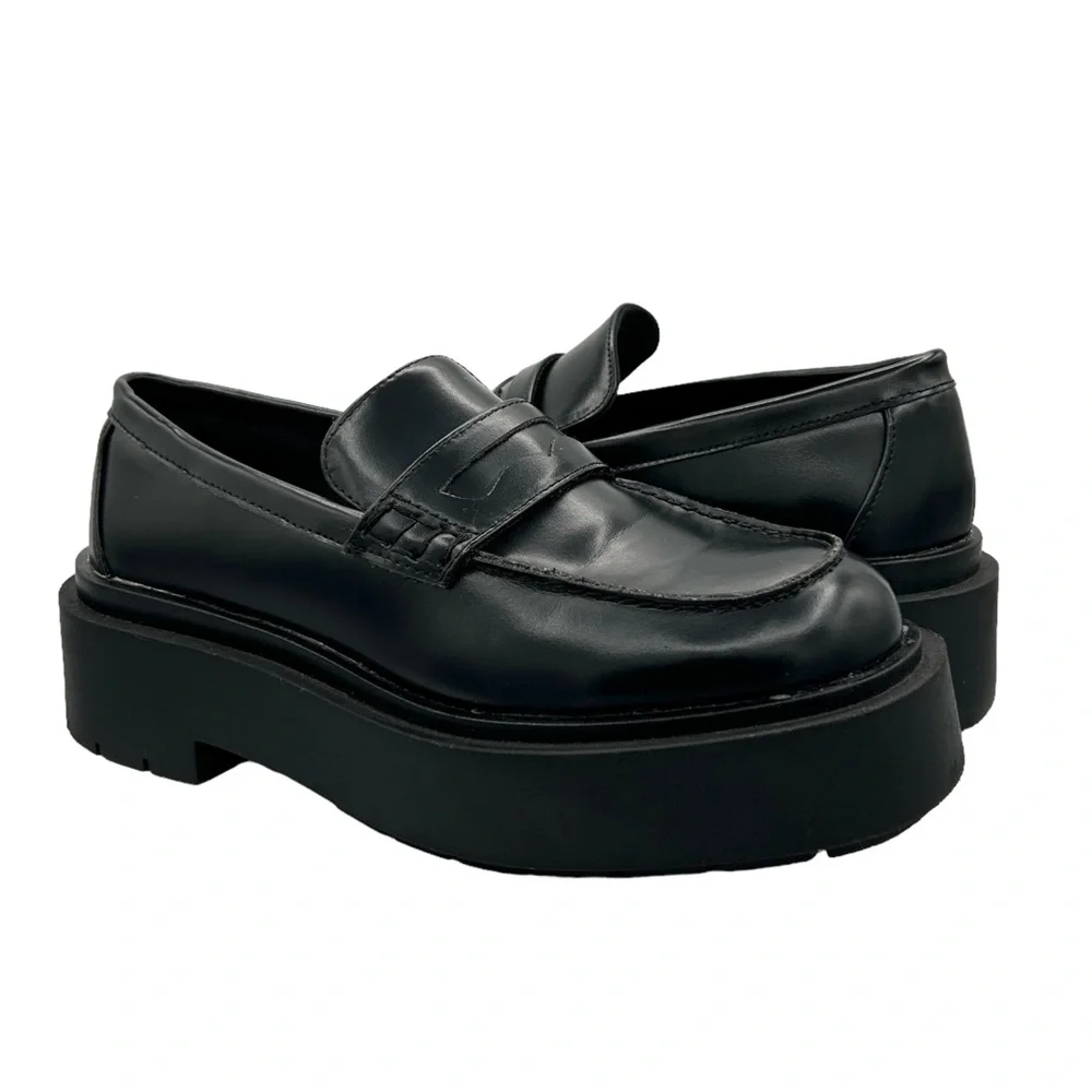 H&M Black Faux Leather Chunky Platform Preppy‎ Slip On Penny Loafers (6)